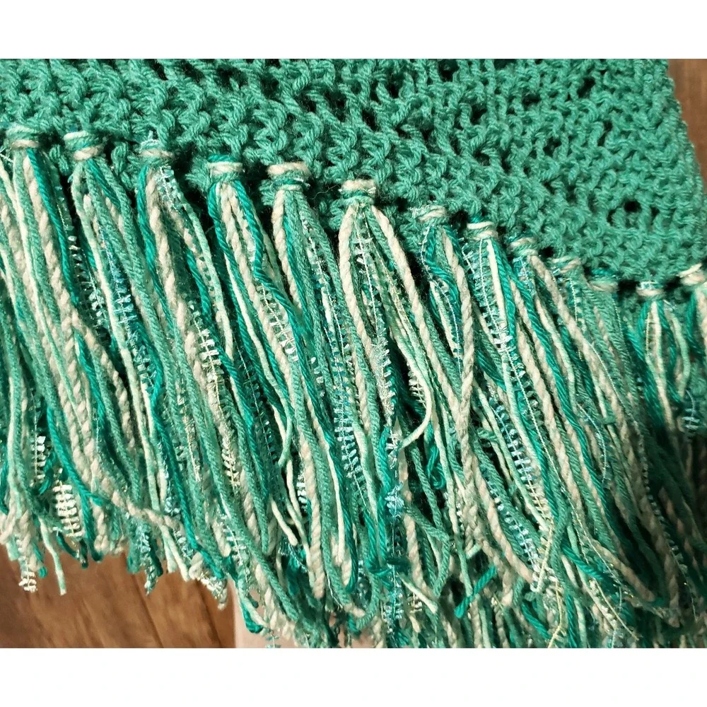 NEW Jade‎ Green Shawl Scarf Wrap Boho Eyelet Hand Knit Coastal Coquette Fairy